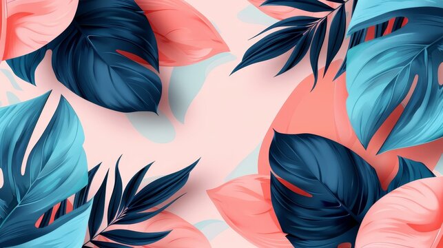   A light pink background with pink and blue leaves intermixed, surrounded by leaves in shades of pink, blue, and green