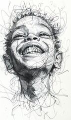 Sketch of a pleased boy with smile from ear to ear on his face, open eyes and raised up head. Close up doodle black and white portrait of happy young man.
