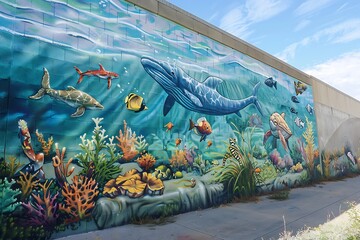 A mural of a surreal underwater scene on a concrete wall