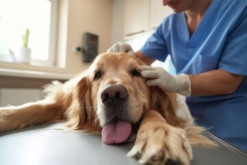 Lying Golden Retriever examined by a vet