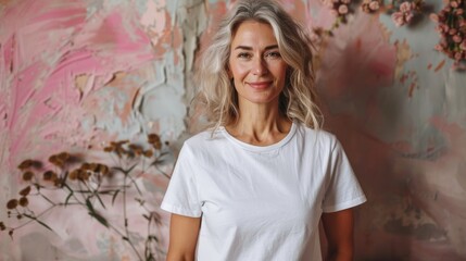 Fototapeta premium Cheerful Middle-Aged Woman in Blank White T-Shirt Mockup Generative AI