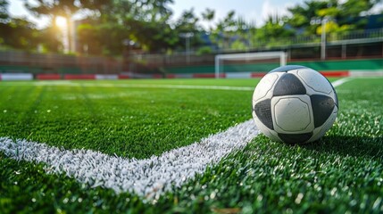 Soccer Ball on Green Artificial Grass Field with White Line Generative AI