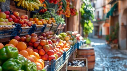 Fototapeta na wymiar Sunny Spanish Street Market with Fresh Produce Generative AI