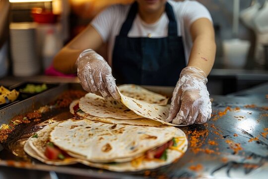 Close-up of a chef folding quesadillas with fresh ingredients, emphasizing the cooking process