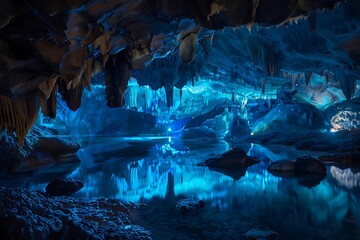 A mystical cavern with glowing crystals, bioluminescent flora, and a tranquil underground river