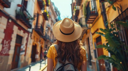 Young Female Backpacker Exploring Old Spanish Town Generative AI - obrazy, fototapety, plakaty