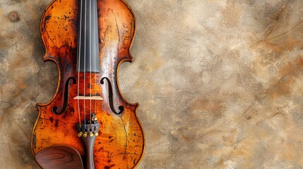   Close-up of a violin against a wall, rosin-covered bow resting below it, wooden knob of the bow touching the violin's body, and a small piece of
