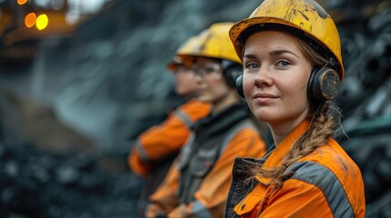 A female coal miner wearing a hard hat and protective gear poses for a portrait.