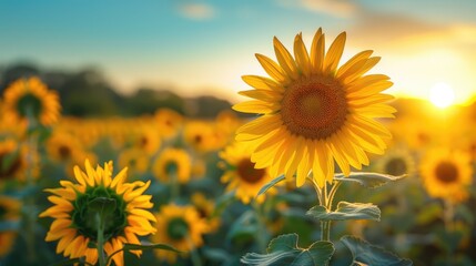 A field of sunflowers, with one sunflower in the foreground and the sun setting in the background.