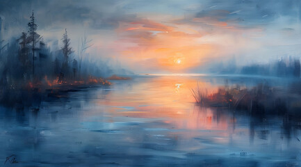 Pastel Sunset Serenity: Oil Painting Featuring Tranquil Landscape in Soft Evening Light - obrazy, fototapety, plakaty