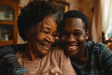 portrait of an African American grandmother and grandson embracing each other, family love - obrazy, fototapety, plakaty