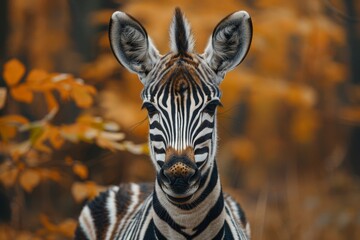 Fototapeta premium Intimate portrait of a zebra featuring the distinctive black and white stripes, focused gaze, and detailed fur texture in a natural setting