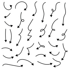 Doodle arrows. Hand drawn line pointers, pencil sketch elements, round curly wavy direction arrows. Vector linear black arrow set. Vector illustration. Eps file 614.