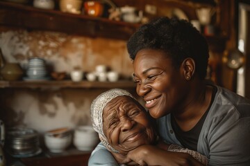 portrait of an African American grandmother and grandson embracing each other, family love - obrazy, fototapety, plakaty