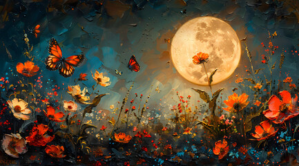 Softly Glowing Silhouettes: Oil Painting Capturing Moonlit Flowers and Butterflies in Tranquil Evening