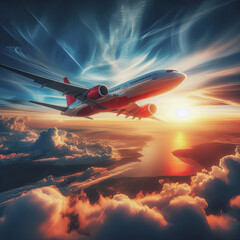 Sunset Flight: Majestic Airplane Soaring Above the Clouds