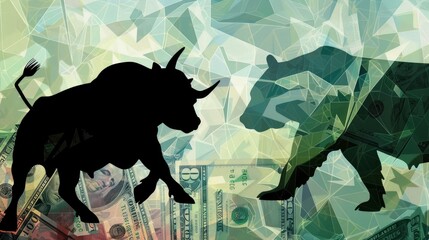A black silhouette of a bull and bear fighting on the background of different currency bills in a geometric style, against an abstract background with a gradient from green to blue