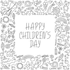 Happy Children's Day funny card. Simple square frame from children's drawings. Black and white template. Doodle outline illustration. Happy childhood concept