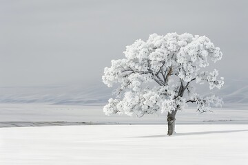 A single snow-covered tree standing alone in a vast white landscape