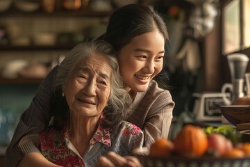 portrait of an Asian mother and daughter embracing each other, family love, old couple