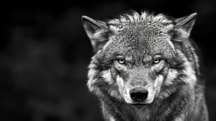   A monochrome image of a wolf gazing into the camera with a sorrowful expression