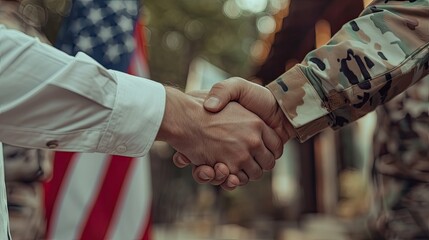a man and a soldier are shaking hands in front of an american flag - 791977924