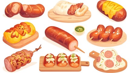 2d illustration of various sausages in a cartoonish playful style including both pork and soy options These cute and funny meat themed cliparts are isolated on a white background perfect fo