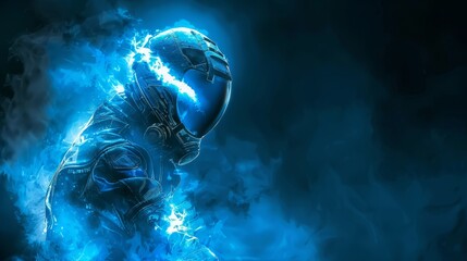   A tight shot of a figure in a blue suit against a dark backdrop, surrounded by blue fire and swirling smoke - obrazy, fototapety, plakaty