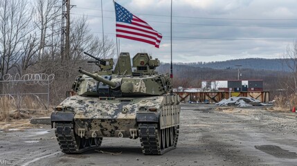 Selfpropelled artillery vehicle displaying an American flag on top