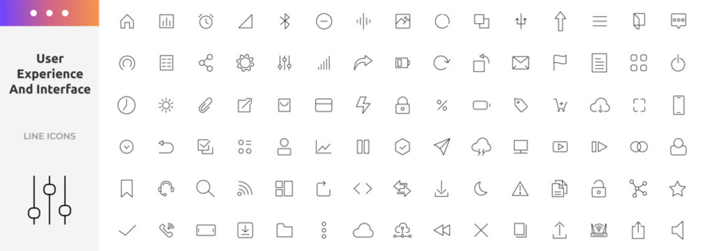 User experience and interface icon set. UI flat icons collection.Basic User Interface Essential Set. Outline icon pack for App, Web, Print. Pixel perfect 64 x 64