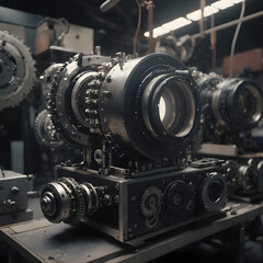 Array of Professional Industrial-Grade Photographic Lenses in Engineering Workshop Setting.