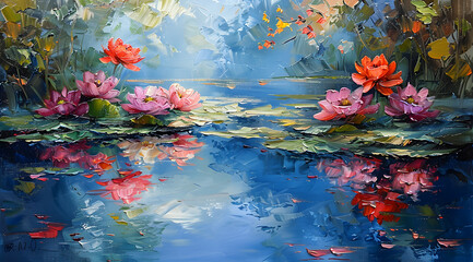 Obraz na płótnie Canvas Motion of Serenity: Oil Painting of Reflective Pond with Dynamic Floral and Sky Colors