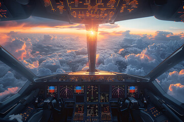 View from the Inside of the Cockpit on the Sky,
Cockpit of passenger airplane in flight against backdrop of sunset sky
 - obrazy, fototapety, plakaty