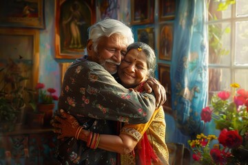 portrait of an Indian old couple embracing each other, family love, old couple