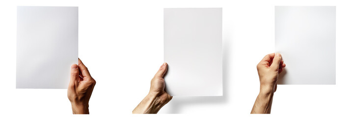 Hand-holding blank A4 paper isolated on a transparent background 