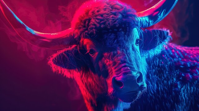 Portrait of a Gaur thinking about the stock market in the style of neon light, red and blue colors, cinematic lighting, photography