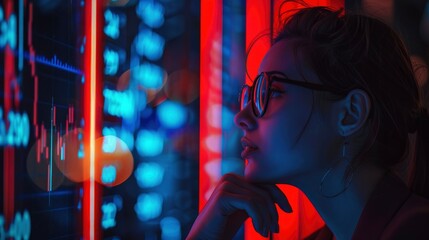 Portrait of a woman thinking about the stock market in the style of neon light, red and blue colors, cinematic lighting, photography