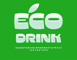 Vector concept template Eco Drink with decorative Leaf. Creative White Font. Bold Alphabet Letters and Numbers set.