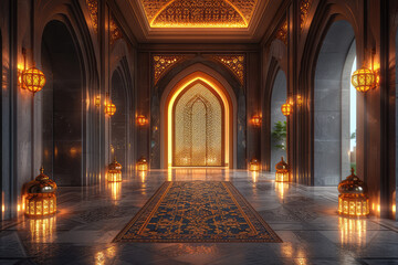 3d wallpaper, Arabic style architecture, gold and silver vases, green plants, arched doorways. Created with Ai