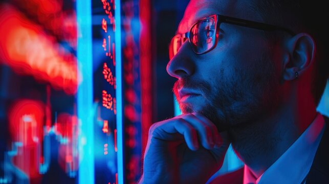 Portrait of a handsome businessman thinking about the stock market in the style of neon light, red and blue colors, cinematic lighting, photography