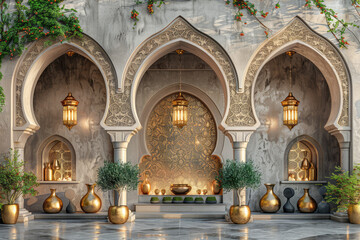 3d wallpaper, luxury arabian style arches with gold accents, arched doorways, lush greenery and plants. Created with Ai - obrazy, fototapety, plakaty