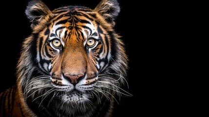   A tight shot of a tiger's eye against a black backdrop, revealing just that single gaze for the camera - obrazy, fototapety, plakaty