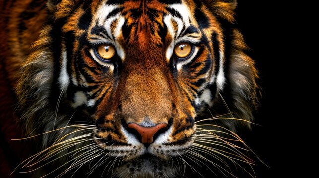   A tight shot of a tiger's face against a black backdrop, overlain with a soft, out-of-focus tiger face image
