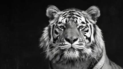   A black-and-white image of a tiger gazing into the camera with a somber expression - obrazy, fototapety, plakaty