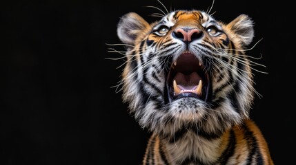   A close-up of a tiger's open mouth, widely displayed