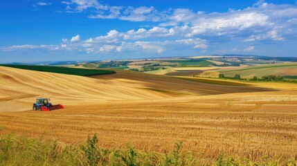 Fototapeta na wymiar Tractor plowing wheat field under sunny sky in agroecosystem