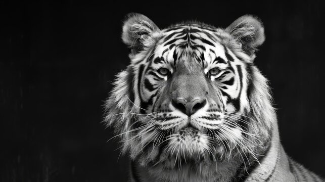   A black-and-white image of a tiger gazing into the camera with a somber expression
