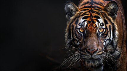   A tight shot of a tiger's intense face against a black backdrop