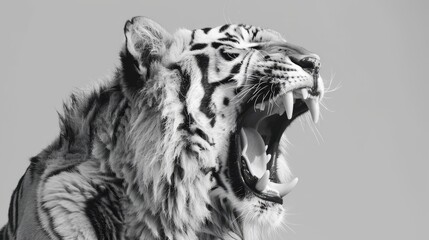   A black-and-white image of a tiger with its mouth agape