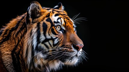   A tight shot of a tiger's visage against a black backdrop, its features softened by a hazy blur
